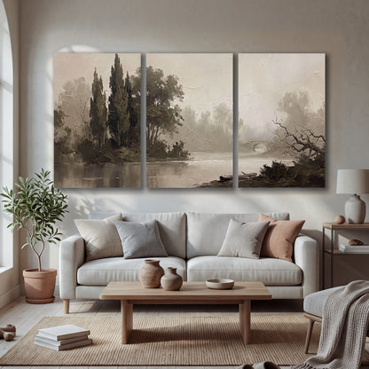 Misty river stone bridge painting 3 piece canvas wall art in a bright living room