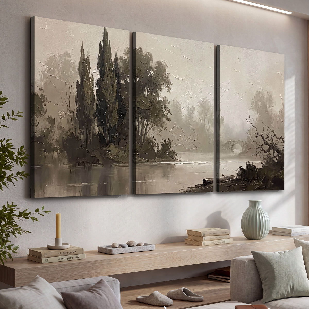 Misty river stone bridge painting 3 piece canvas wall art in a living room above a console