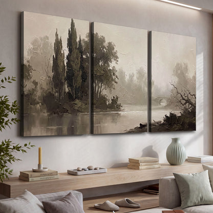 Misty river stone bridge painting 3 piece canvas wall art in a living room above a console