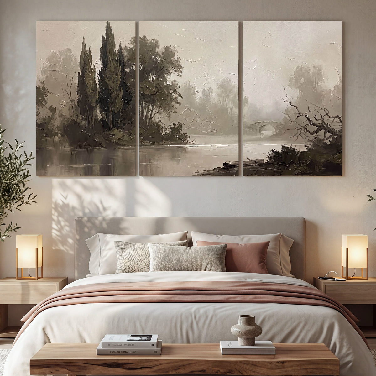 Misty river stone bridge painting 3 piece canvas wall art in a bedroom above the bed