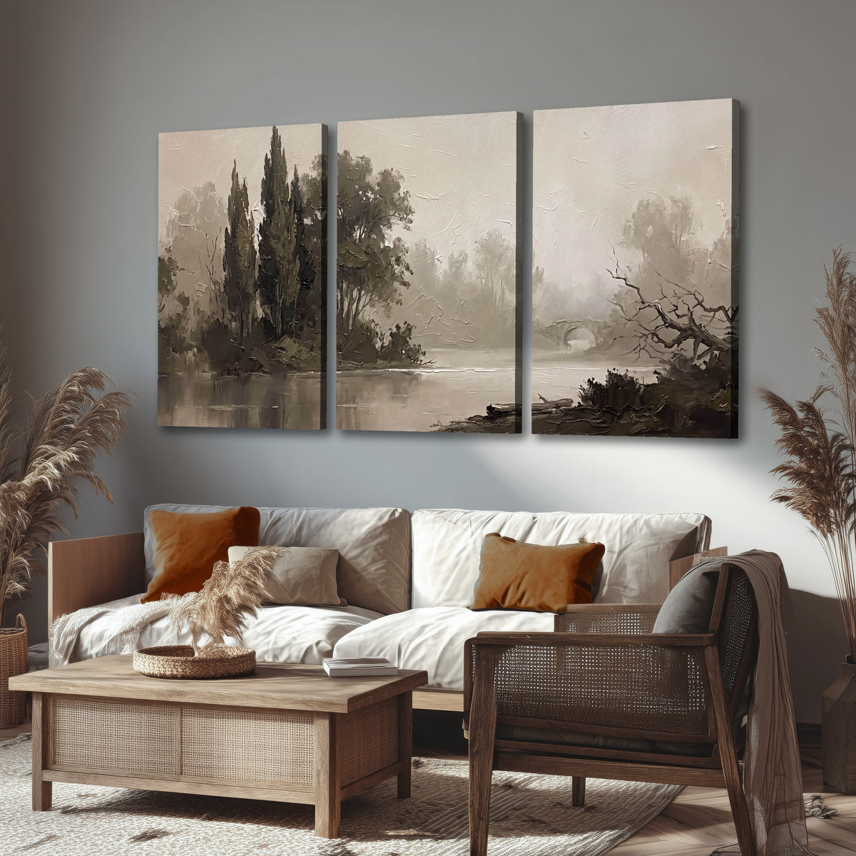 Misty river stone bridge painting 3 piece canvas wall art in a rustic living room