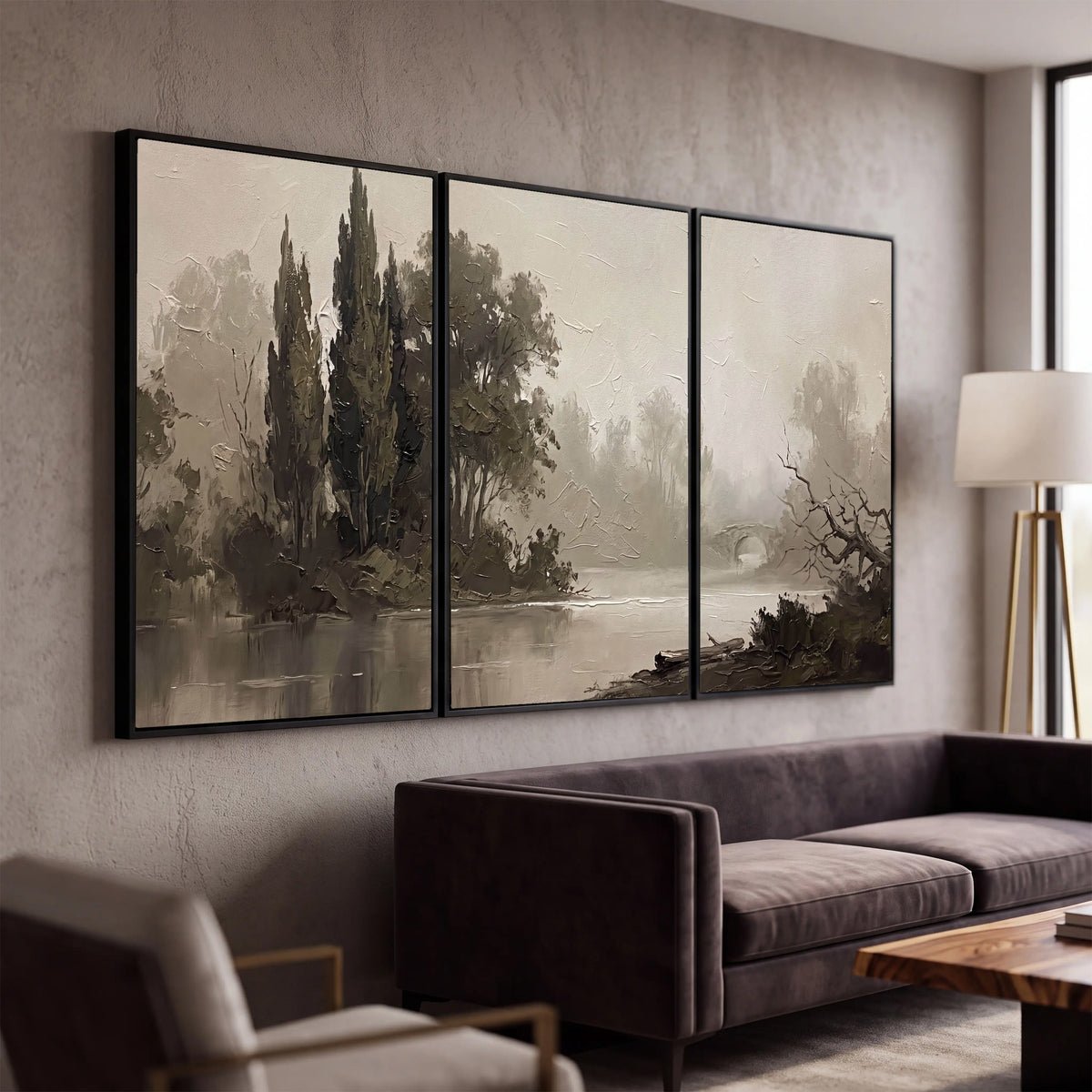 Misty river stone bridge painting 3 piece canvas wall art in a modern living room