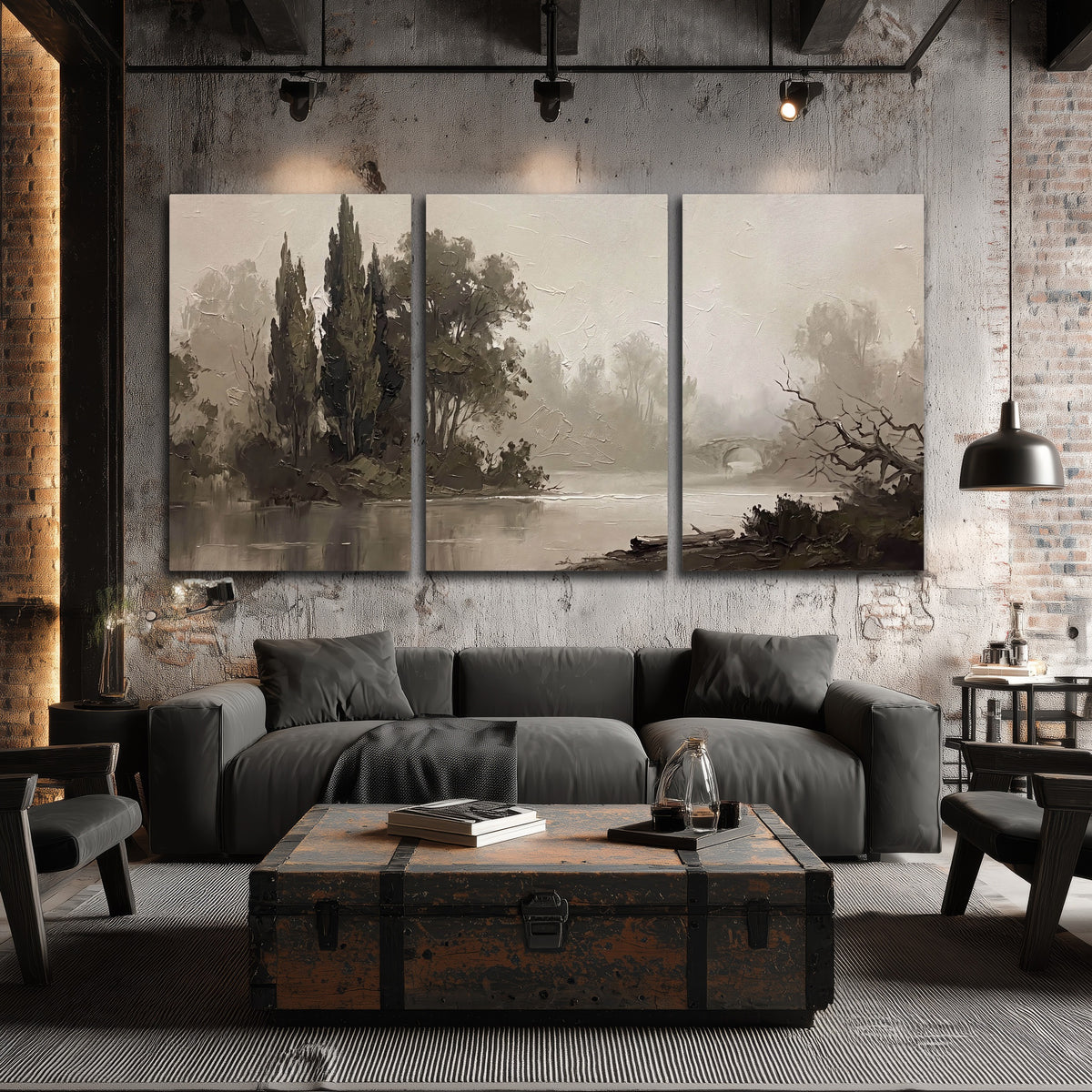 Misty river stone bridge painting 3 piece canvas wall art in an industrial loft