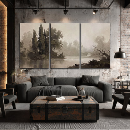 Misty river stone bridge painting 3 piece canvas wall art in an industrial loft