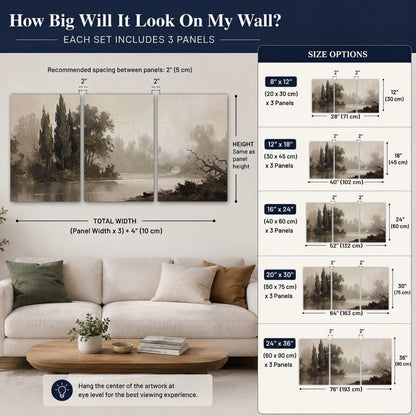 Misty river stone bridge painting 3 piece canvas wall art size guide above a sofa