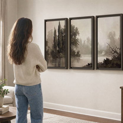 Misty river stone bridge painting 3 piece framed canvas in a living room