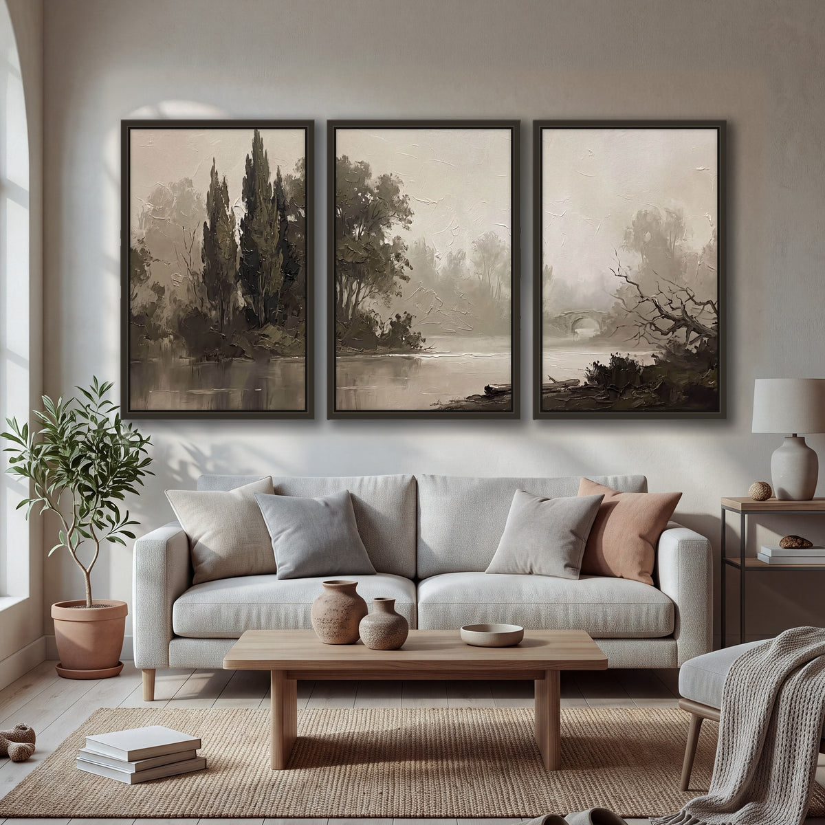 Misty river stone bridge painting 3 piece framed canvas in a bright living room