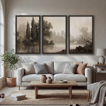 Misty river stone bridge painting 3 piece framed canvas in a bright living room