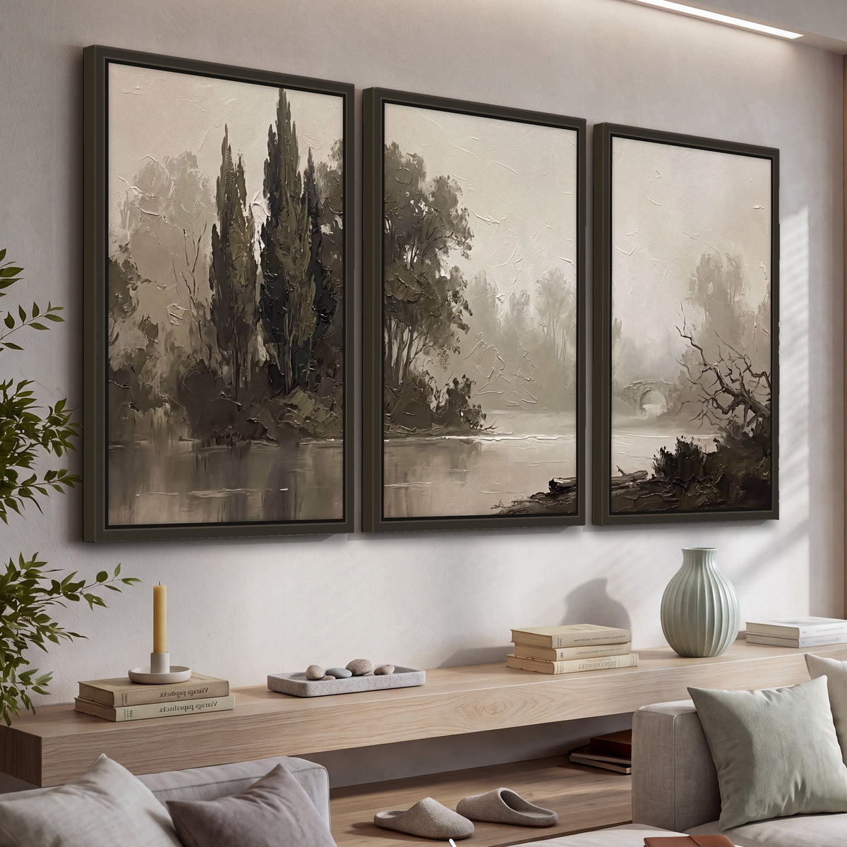 Misty river stone bridge painting 3 piece framed canvas in a living room above a console