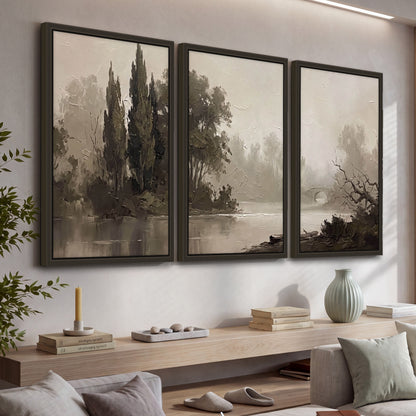 Misty river stone bridge painting 3 piece framed canvas in a living room above a console