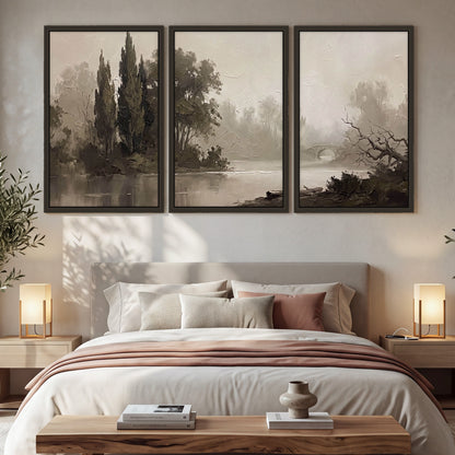 Misty river stone bridge painting 3 piece framed canvas in a bedroom above the bed