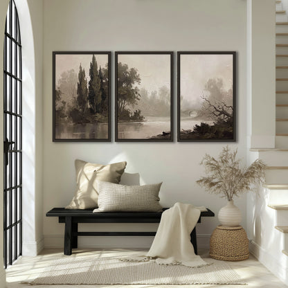 Misty river stone bridge painting 3 piece framed canvas in an entryway above a bench