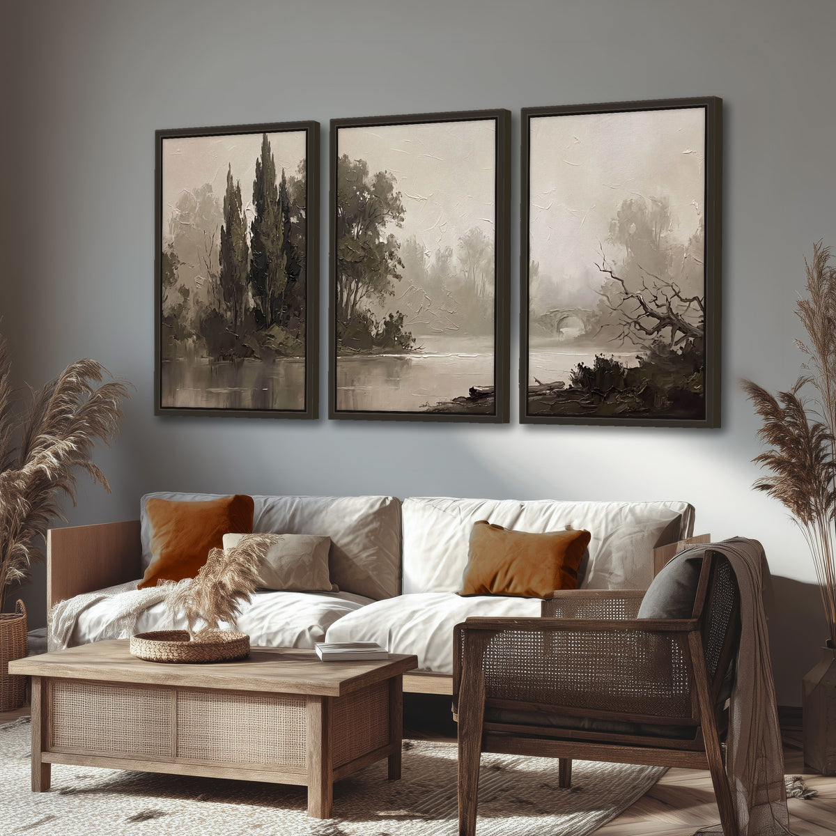 Misty river stone bridge painting 3 piece framed canvas in a rustic living room
