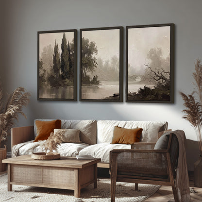 Misty river stone bridge painting 3 piece framed canvas in a rustic living room