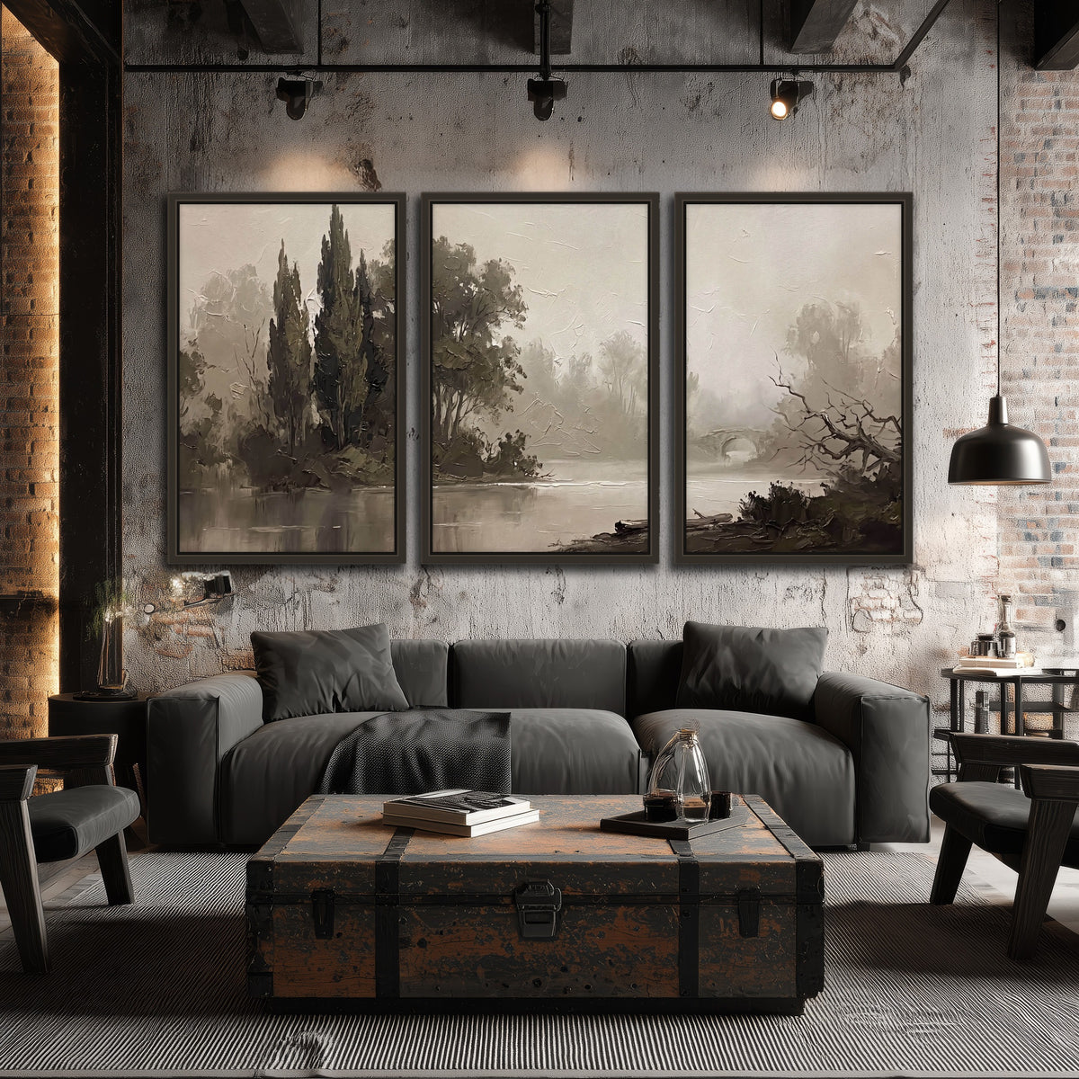 Misty river stone bridge painting 3 piece framed canvas in an industrial loft