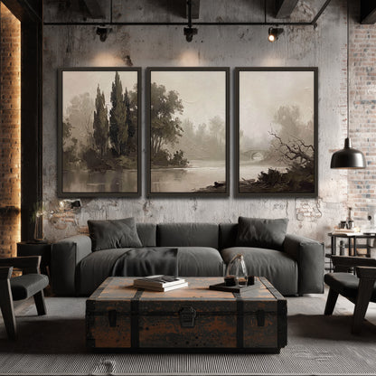 Misty river stone bridge painting 3 piece framed canvas in an industrial loft