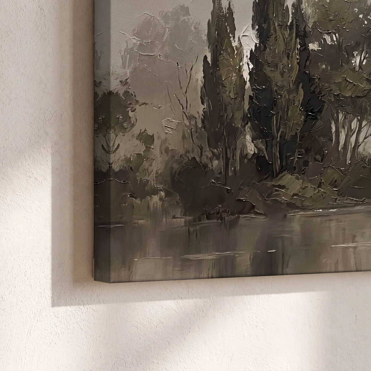 Misty river stone bridge painting canvas print close-up showing the gallery-wrapped edge