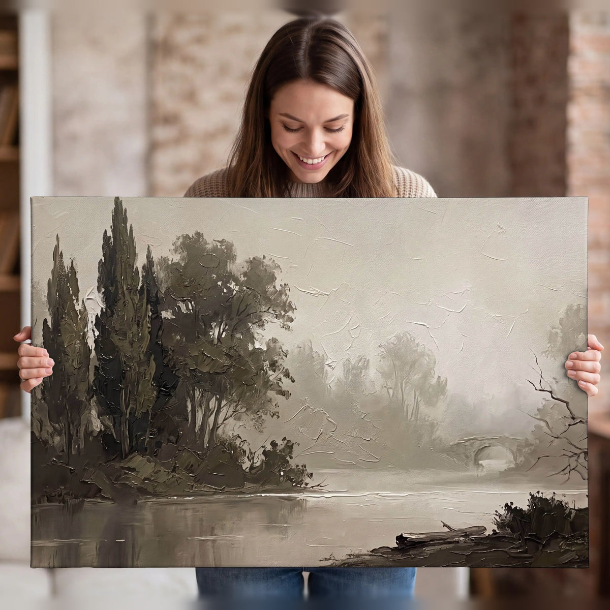 Misty river stone bridge painting canvas wall art held in hands