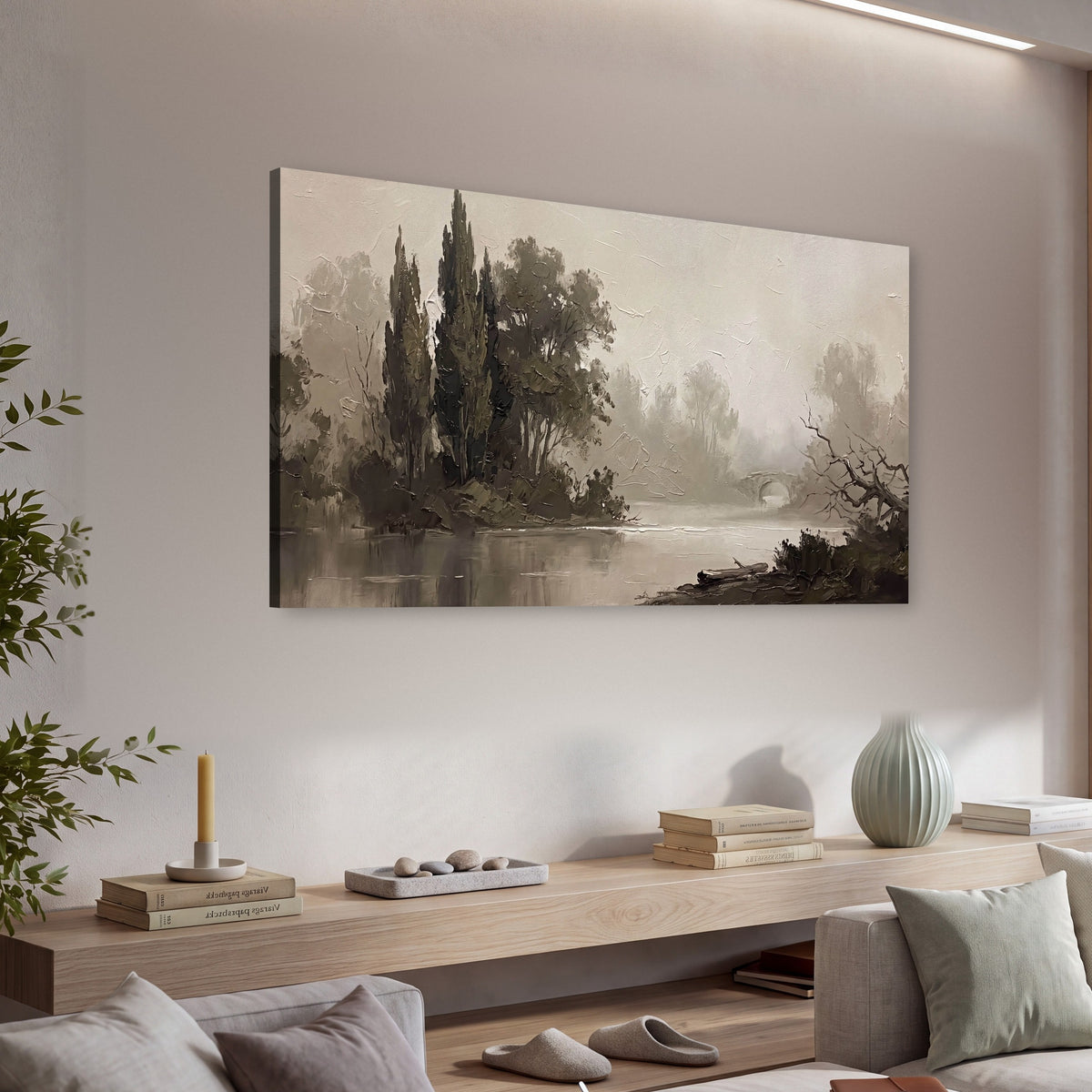 Misty river stone bridge painting canvas wall art in a living room above a console