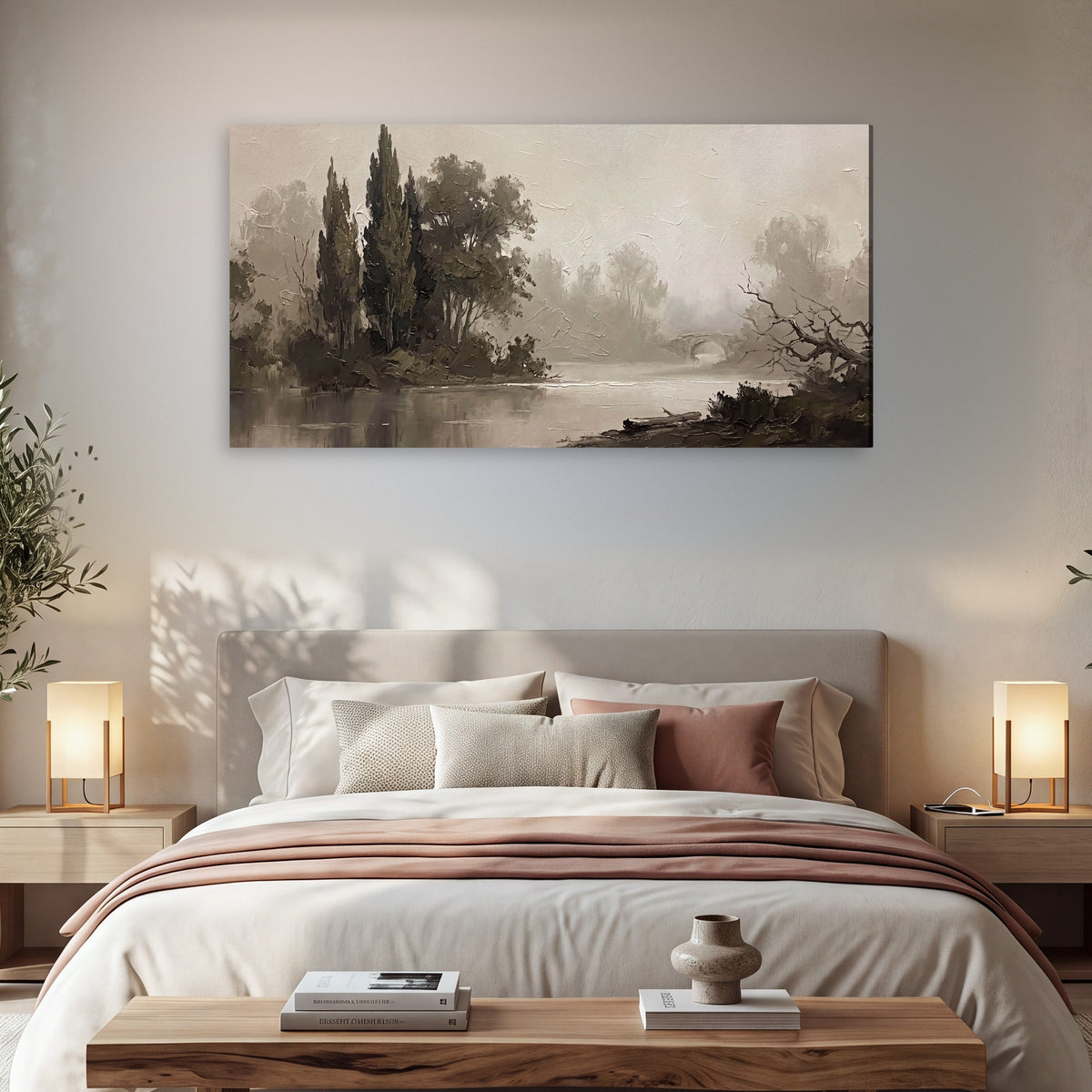 Misty river stone bridge painting canvas wall art in a bedroom above the bed