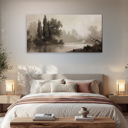 Misty river stone bridge painting canvas wall art in a bedroom above the bed