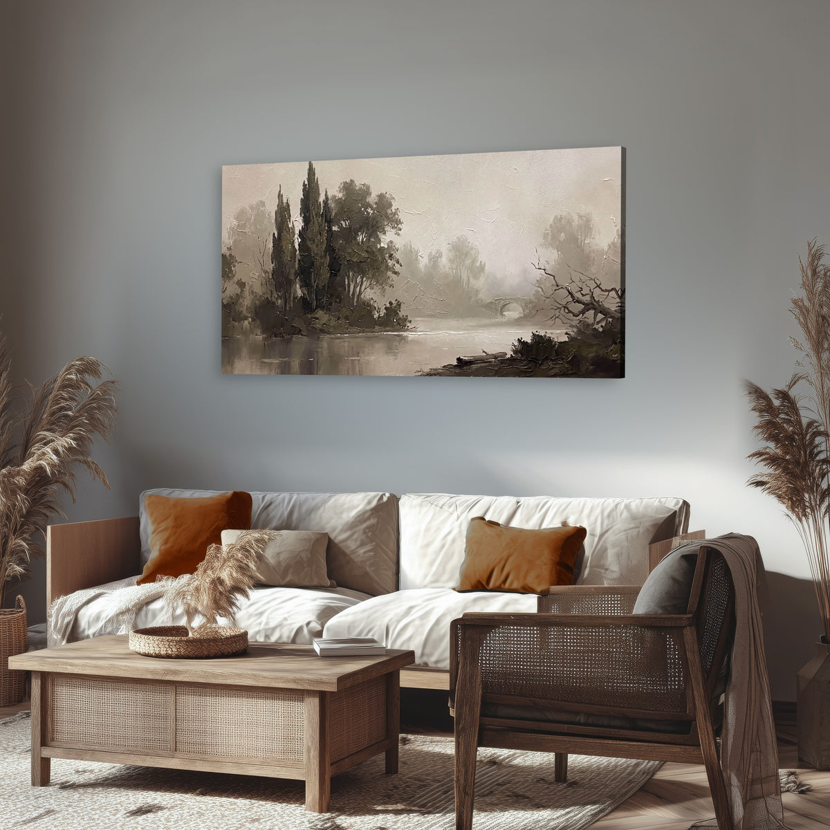 Misty river stone bridge painting canvas wall art in a rustic living room