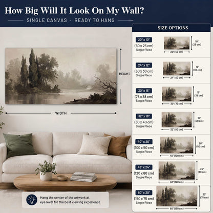 Misty river stone bridge painting canvas wall art size guide above a sofa