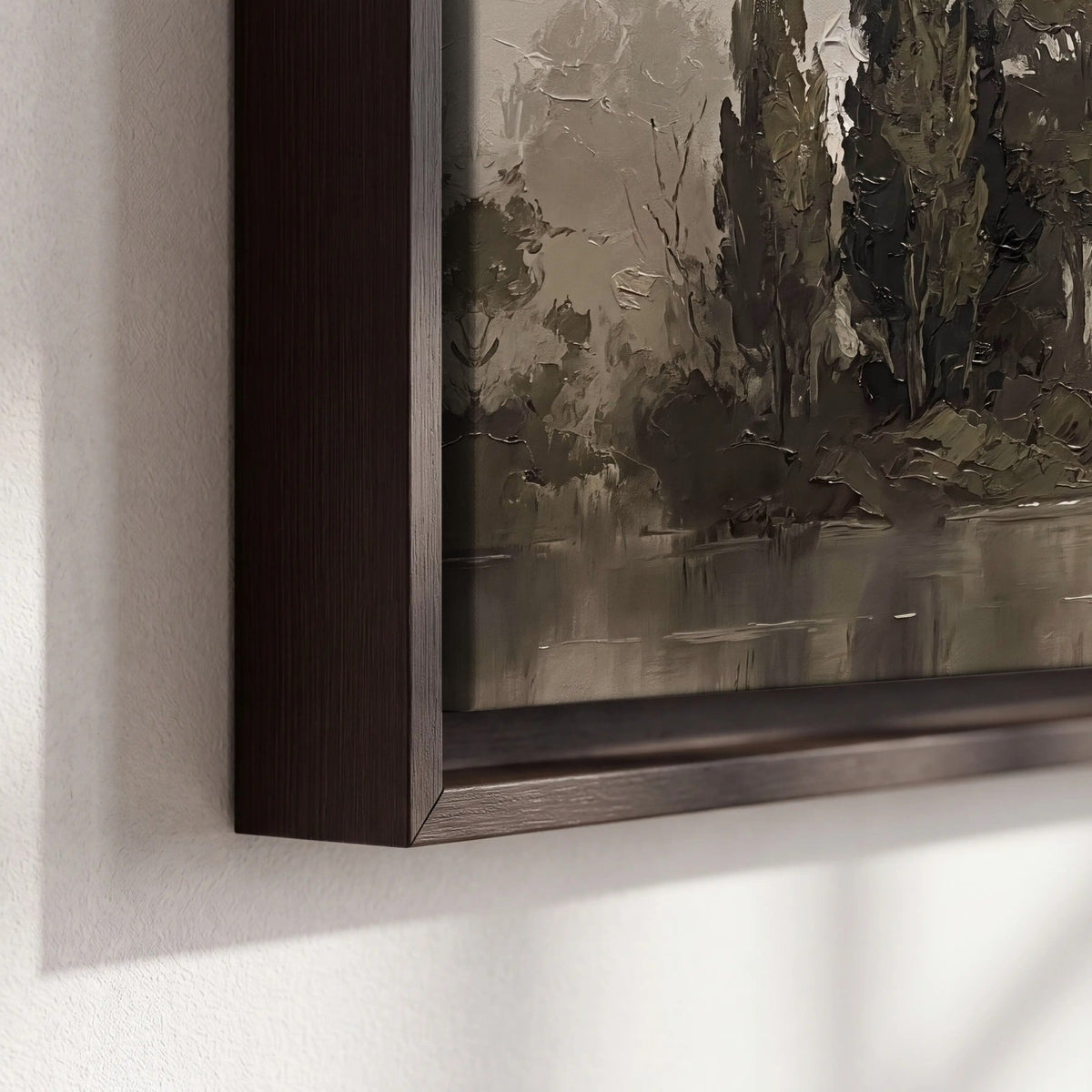 Misty river stone bridge painting framed canvas close-up showing the floating frame