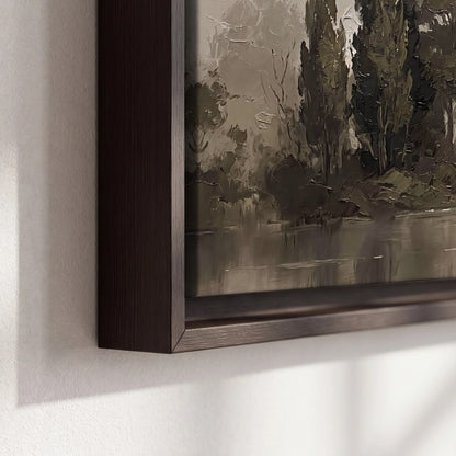 Misty river stone bridge painting framed canvas close-up showing the floating frame