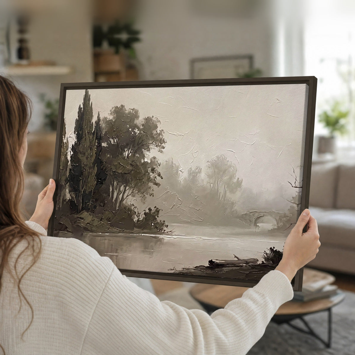 Misty river stone bridge painting framed canvas held in hands