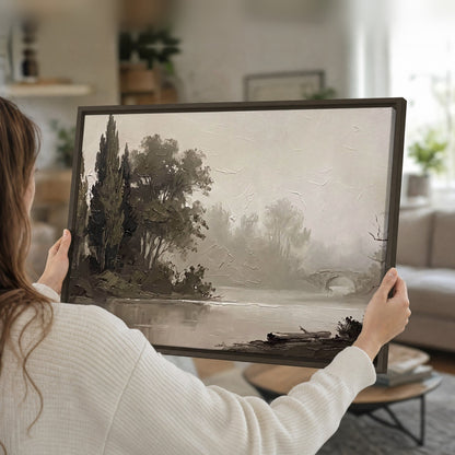Misty river stone bridge painting framed canvas held in hands