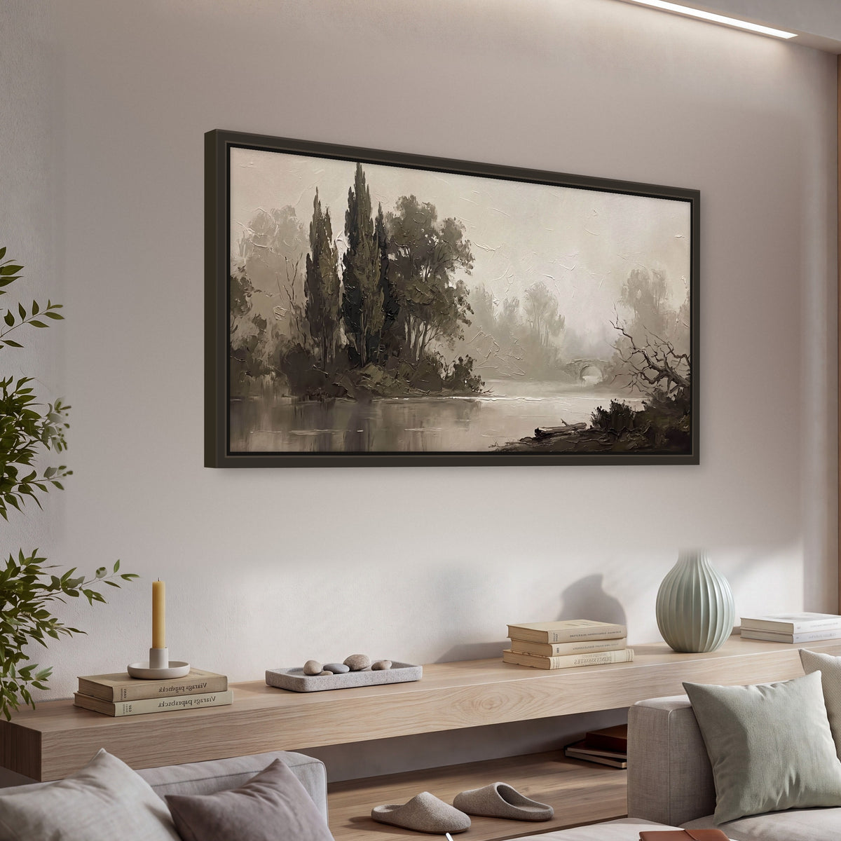 Misty river stone bridge painting framed canvas wall art in a living room above a console