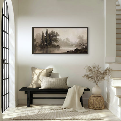 Misty river stone bridge painting framed canvas wall art in an entryway above a bench