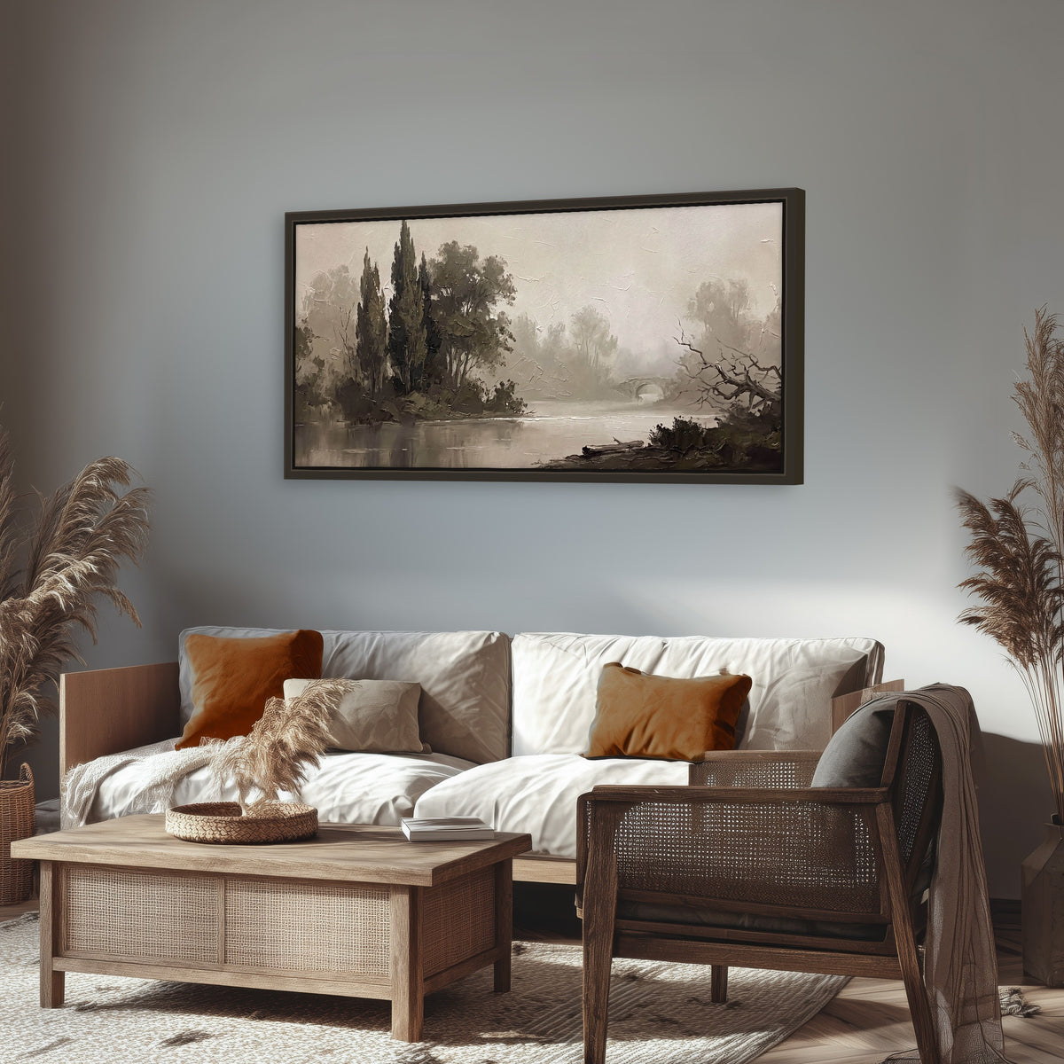 Misty river stone bridge painting framed canvas wall art in a rustic living room