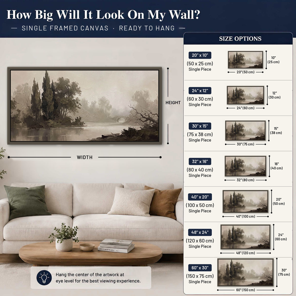 Misty river stone bridge painting framed canvas wall art size guide above a sofa