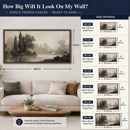 Misty river stone bridge painting framed canvas wall art size guide above a sofa