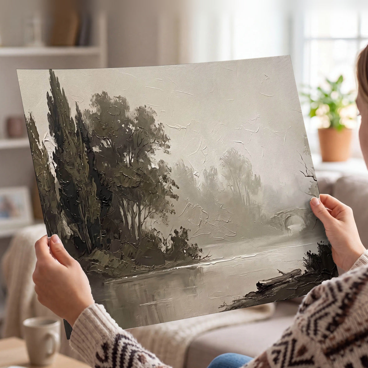 Misty river stone bridge painting poster print held in hands