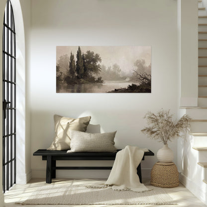 Misty river stone bridge painting poster print in an entryway above a bench