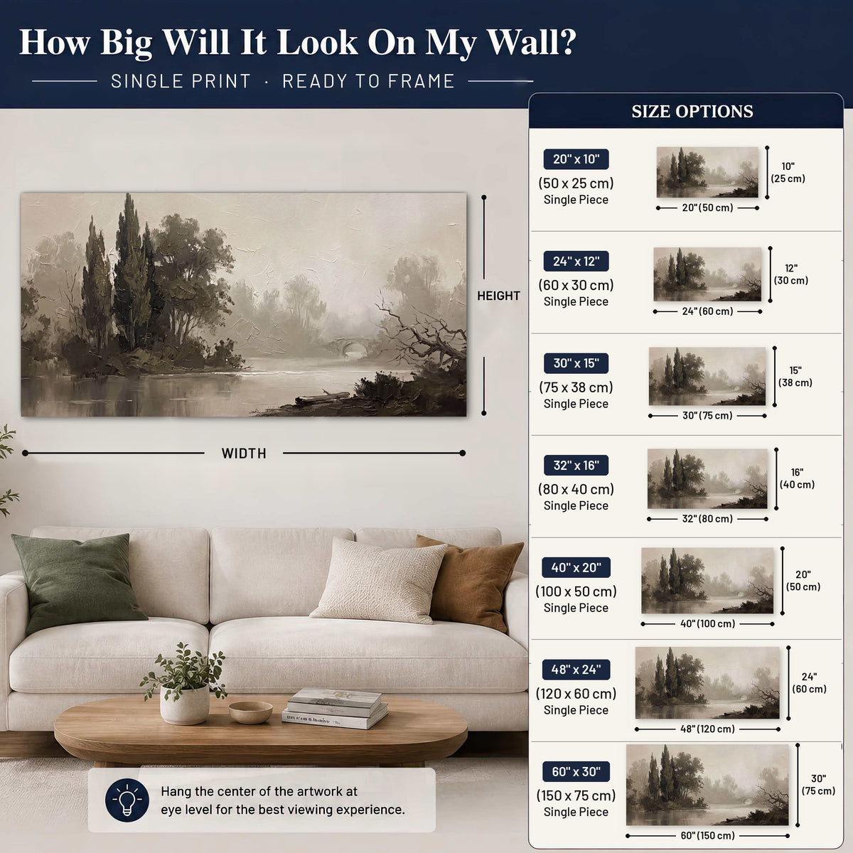 Misty river stone bridge painting poster print size guide above a sofa