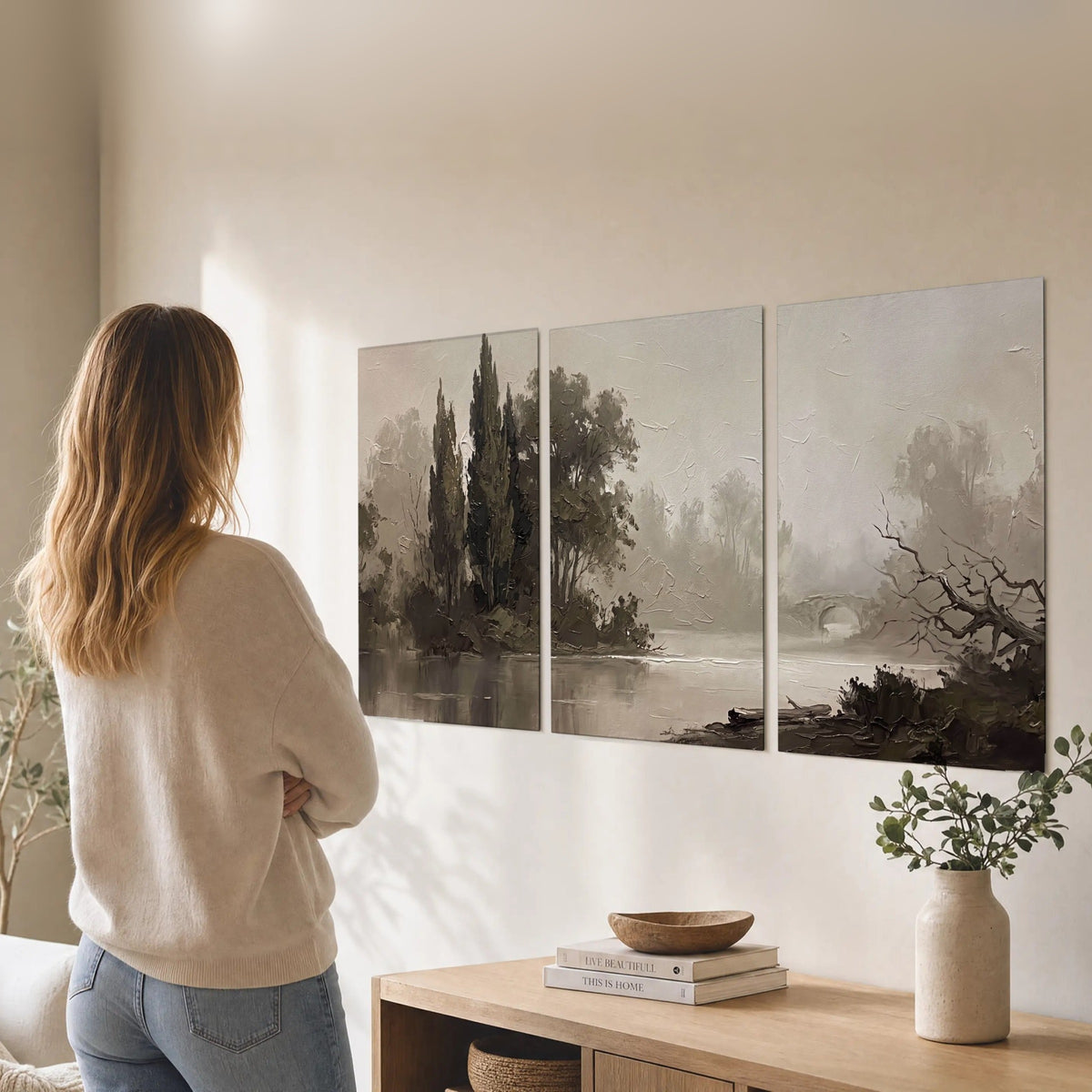 Misty river stone bridge painting set of 3 poster prints in a living room