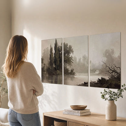 Misty river stone bridge painting set of 3 poster prints in a living room