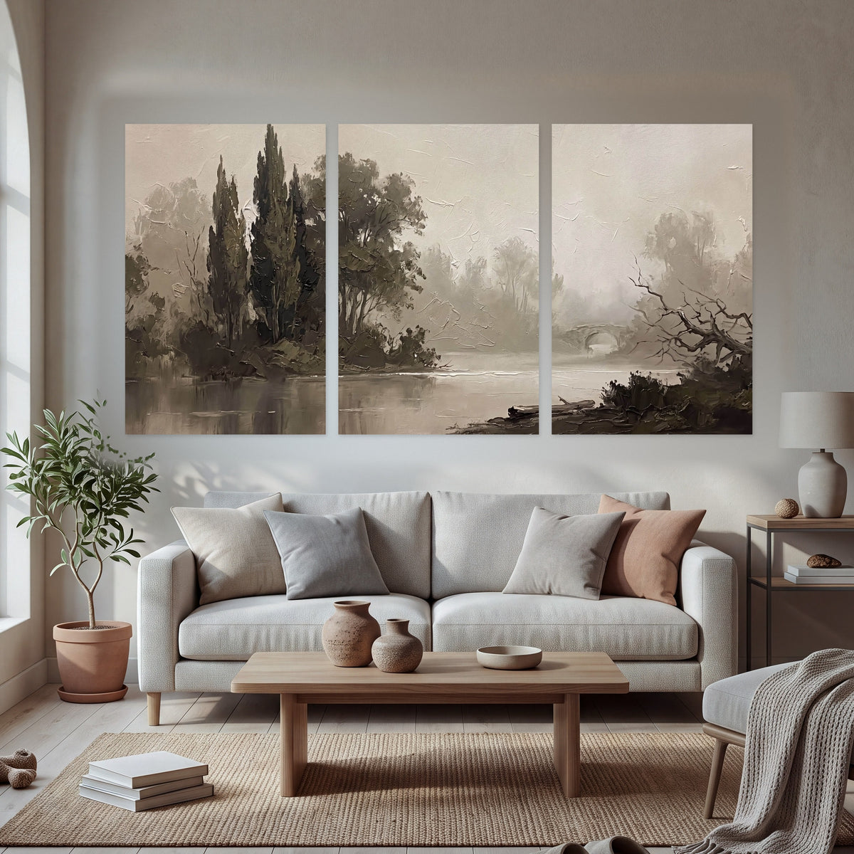 Misty river stone bridge painting set of 3 poster prints in a bright living room