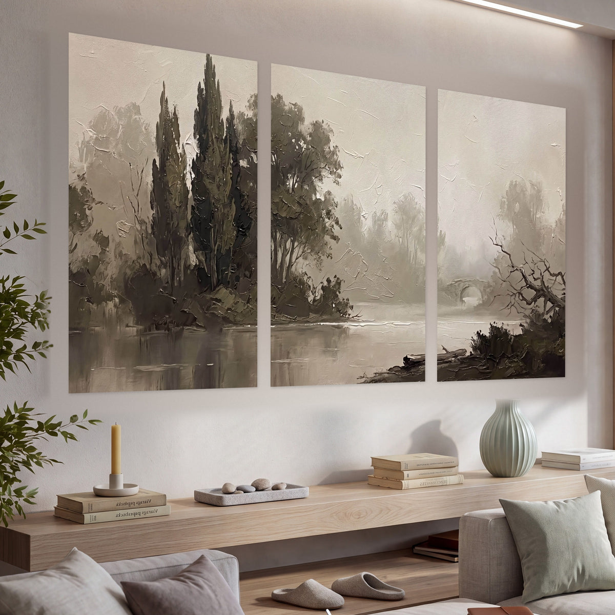 Misty river stone bridge painting set of 3 poster prints in a living room above a console