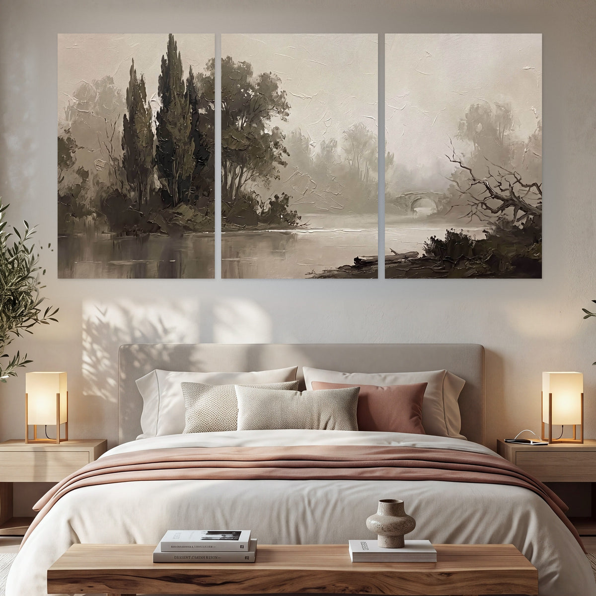 Misty river stone bridge painting set of 3 poster prints in a bedroom above the bed