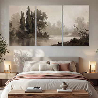 Misty river stone bridge painting set of 3 poster prints in a bedroom above the bed