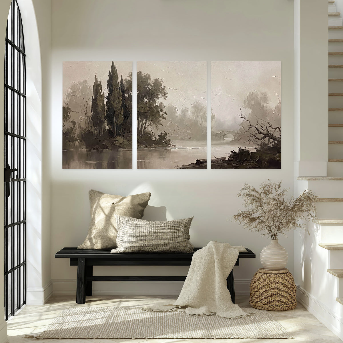 Misty river stone bridge painting set of 3 poster prints in an entryway above a bench