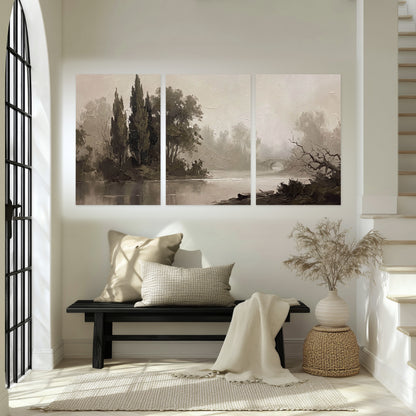 Misty river stone bridge painting set of 3 poster prints in an entryway above a bench