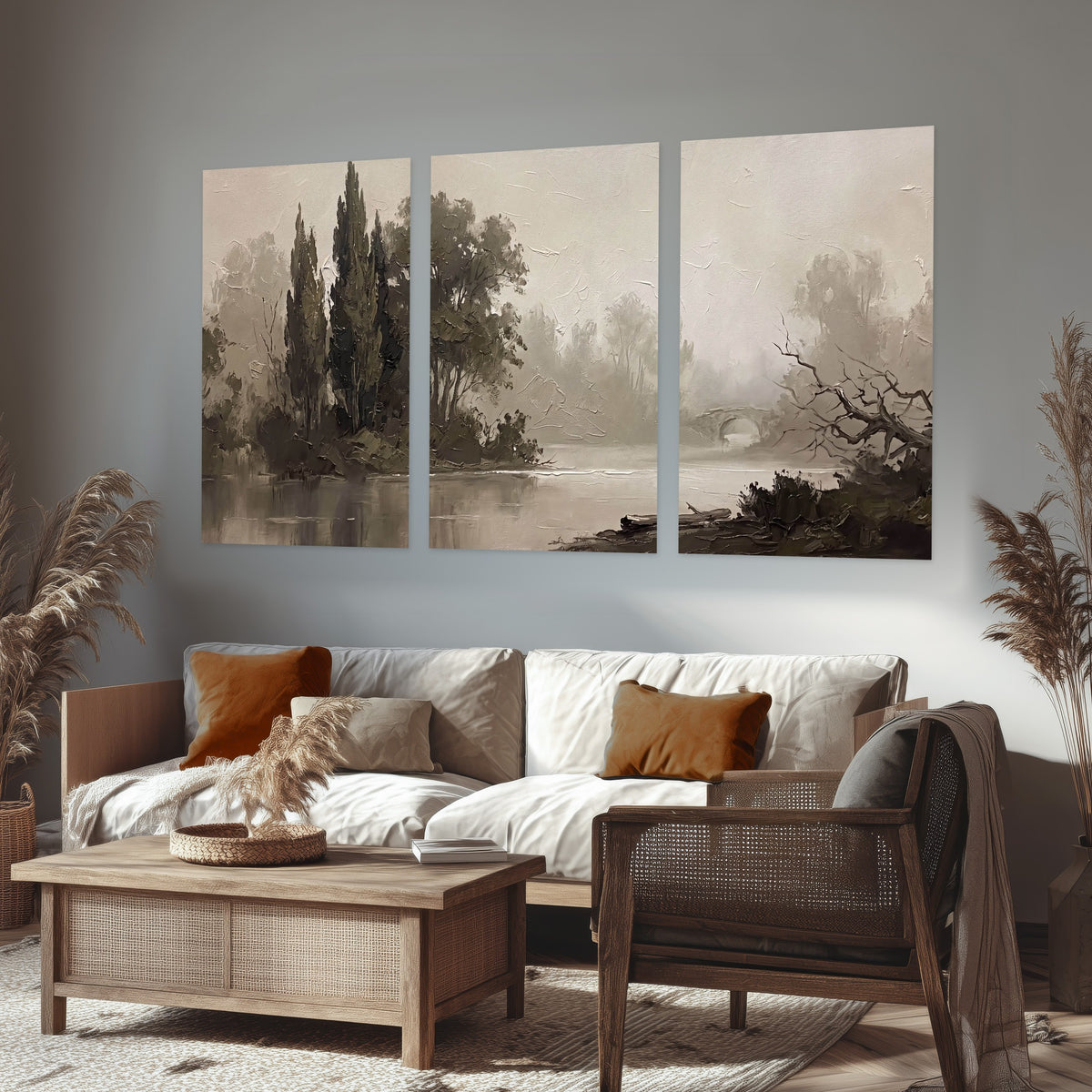 Misty river stone bridge painting set of 3 poster prints in a rustic living room