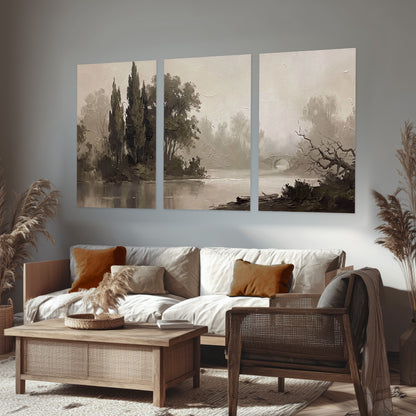 Misty river stone bridge painting set of 3 poster prints in a rustic living room