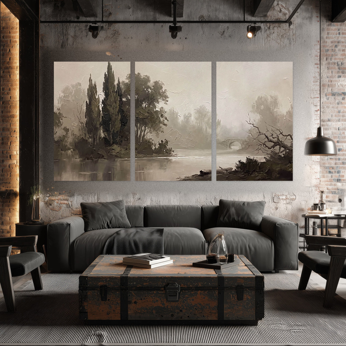 Misty river stone bridge painting set of 3 poster prints in an industrial loft